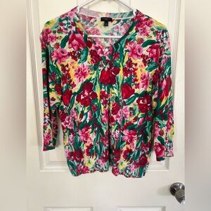 Talbots Petites Floral Cardigan Sweater Pink Green Button Front Size LP